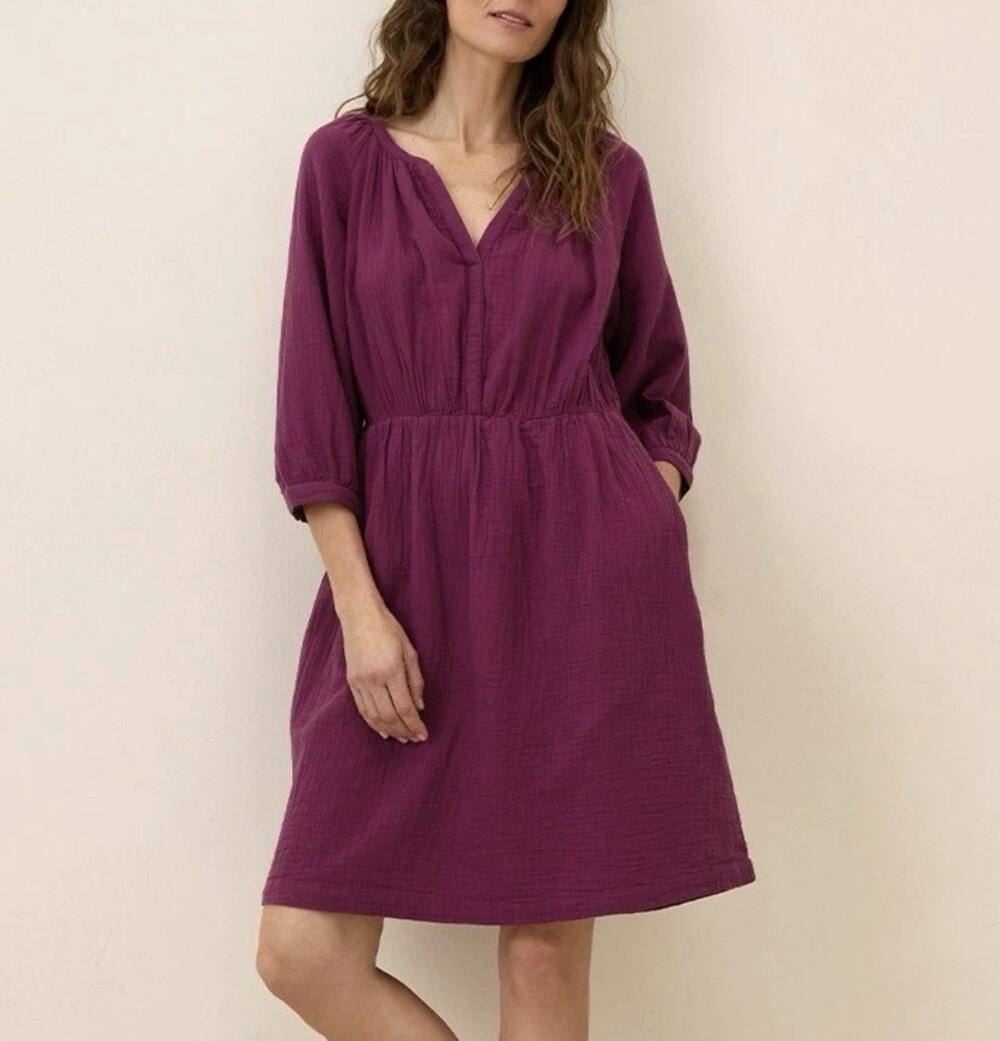 PACT Size M Organic Cotton Gauze Dress Purple V Neck 3/4 Sleeve Boho Coastal